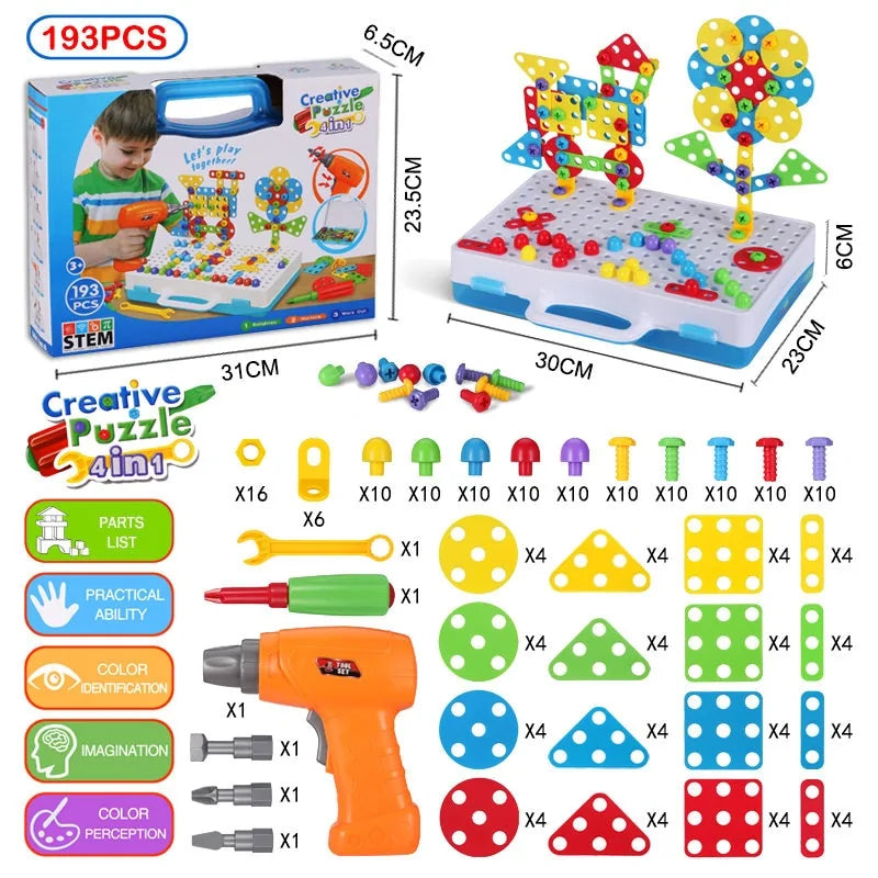 3D Mosaic Puzzle Building Bricks with Drilling Screw Toys for Children