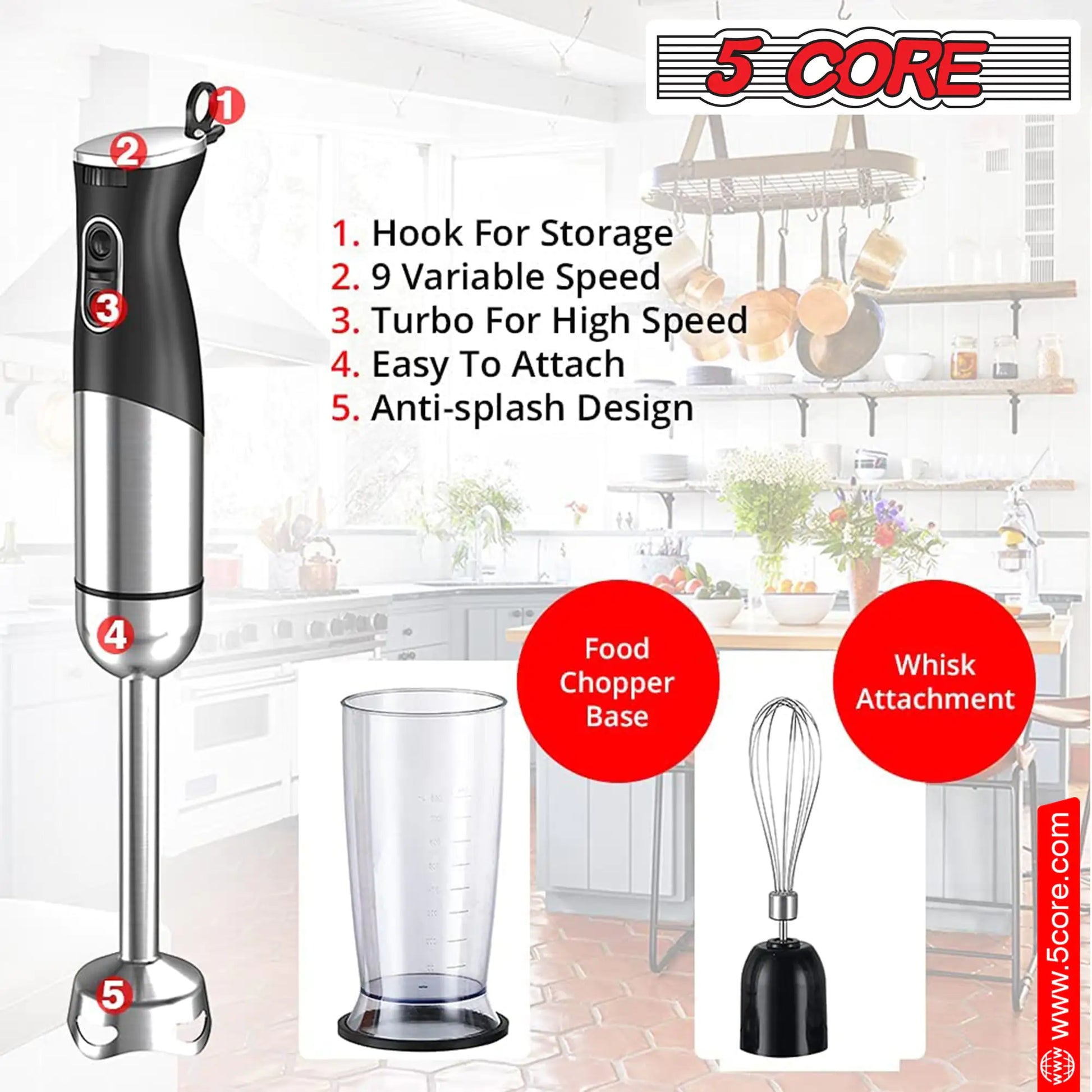 5Core Immersion Hand Blender 400W Stick Handheld Mixer Kitcchen Electric Whisk Damkhad