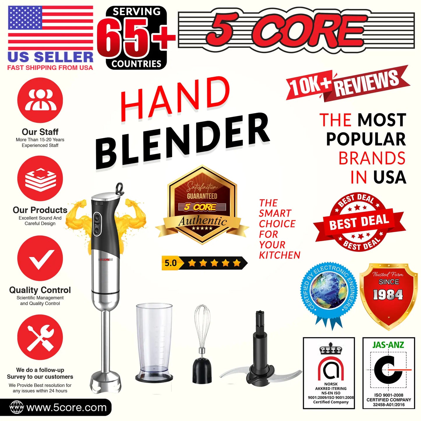 5Core Immersion Hand Blender 400W Stick Handheld Mixer Kitcchen Electric Whisk Damkhad