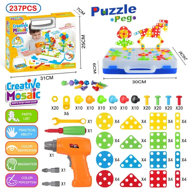 3D Mosaic Puzzle Building Bricks with Drilling Screw Toys for Children