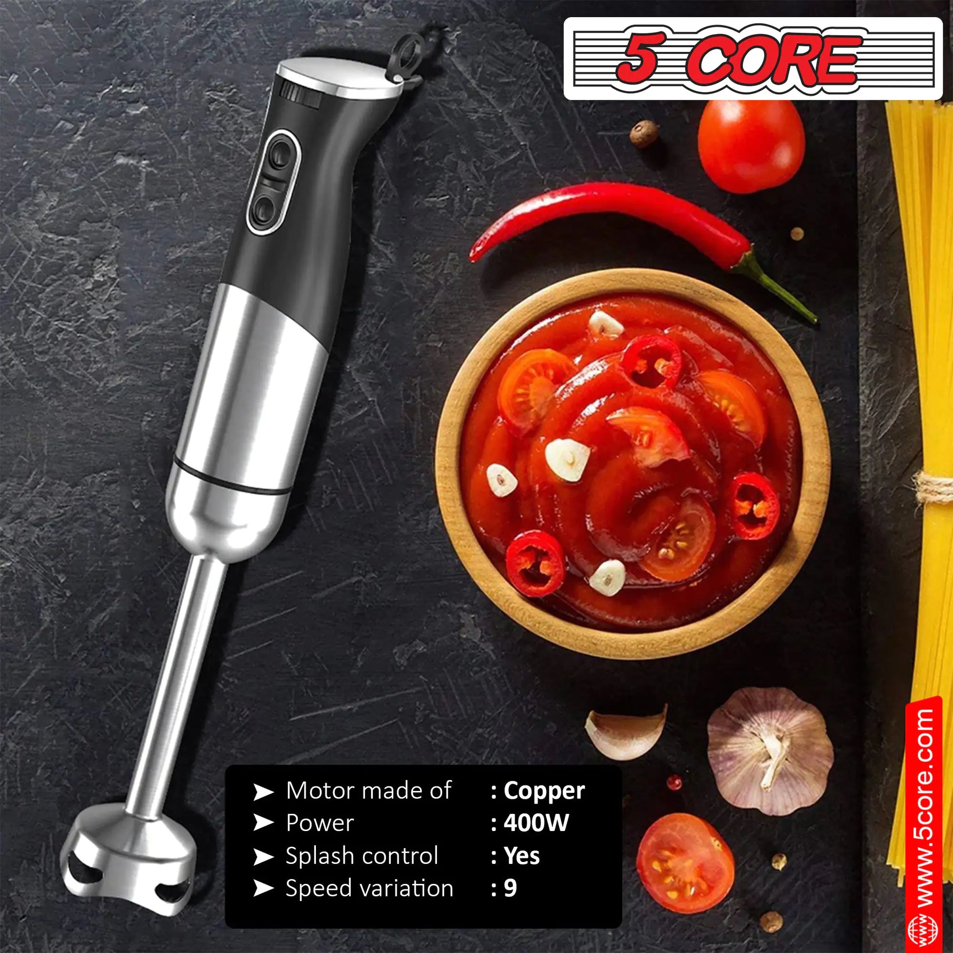 5Core Immersion Hand Blender 400W Stick Handheld Mixer Kitcchen Electric Whisk Damkhad